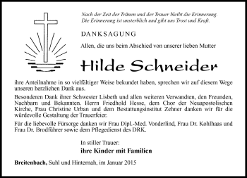 Traueranzeige von Hilde Schneider von Südthüringer Presse