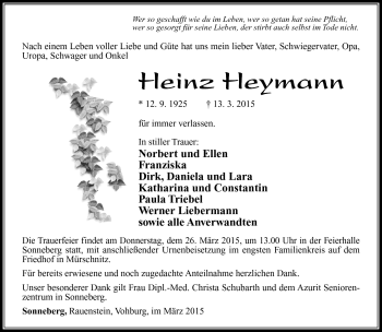 Traueranzeige von Heinz Heymann von Südthüringer Presse
