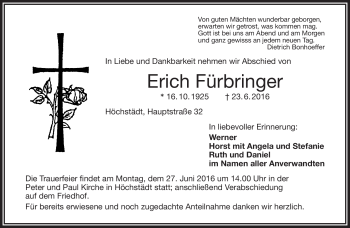 Traueranzeige von Erich Fürbringer von Frankenpost