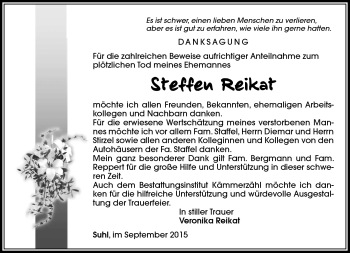 Traueranzeige von Steffen Reikat von Südthüringer Presse