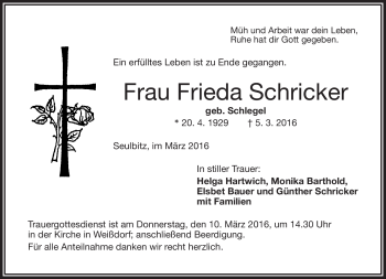 Traueranzeige von Frieda Schricker von Frankenpost