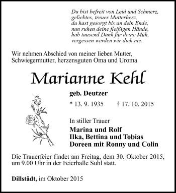 Traueranzeige von Marianne Kehl von Südthüringer Presse