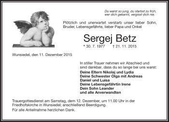 Traueranzeige von Sergej Betz von Frankenpost