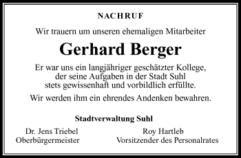 Traueranzeige von Gerhard Berger von Südthüringer Presse