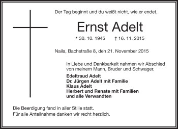 Traueranzeige von Ernst Adelt von Frankenpost