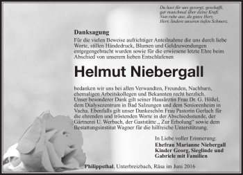 Traueranzeige von Helmut Niebergall von Südthüringer Presse