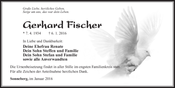 Traueranzeige von Gerhard Fischer von Südthüringer Presse