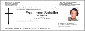 Traueranzeige von Irene Schaller von Frankenpost
