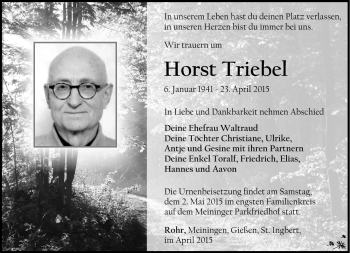 Traueranzeige von Horst Triebel von Südthüringer Presse