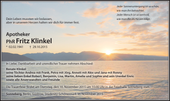 Traueranzeige von Fritz Klinkel von Südthüringer Presse