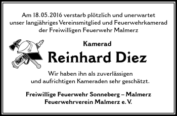 Traueranzeige von Reinhard Diez von Südthüringer Presse