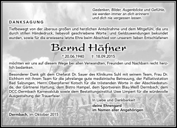 Traueranzeige von Bernd Häfner von Südthüringer Presse