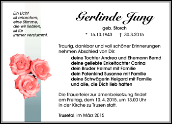 Traueranzeige von gerlinde Jung von Südthüringer Presse