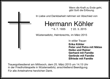 Traueranzeige von Hermann Köhler von Frankenpost