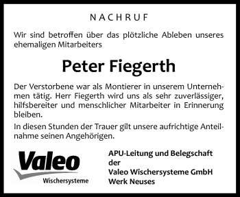 Traueranzeige von Peter Fiegerth von Neue Presse Coburg