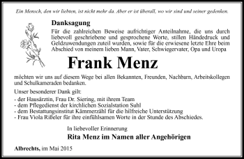 Traueranzeige von Frank Menz von Südthüringer Presse