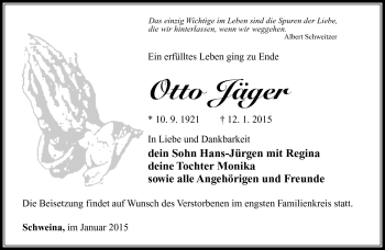 Traueranzeige von Otto Jäger von Südthüringer Presse