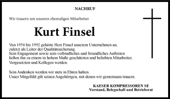 Traueranzeige von Kurt Finsel von Neue Presse Coburg