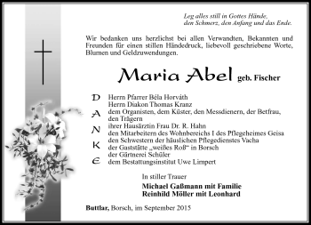 Traueranzeige von Maria Abel von Südthüringer Presse