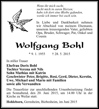 Traueranzeige von Wolfgang Bohl von Südthüringer Presse