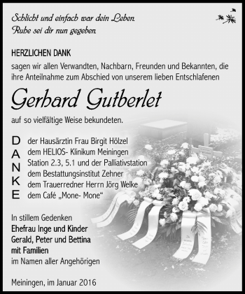 Traueranzeige von Gerhard Gutberlet von Südthüringer Presse
