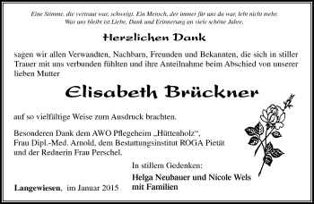 Traueranzeige von Elisbeth Brückner von Südthüringer Presse