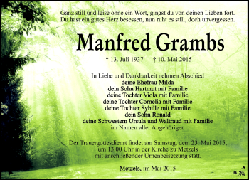 Traueranzeige von Manfred Grambs von Südthüringer Presse