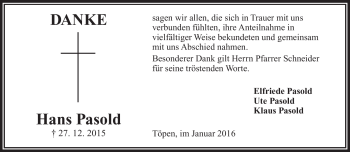 Traueranzeige von Hans Pasold von Frankenpost