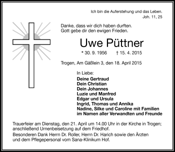 Traueranzeige von Uwe Püttner von Frankenpost