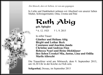 Traueranzeige von Ruth Abig von Südthüringer Presse