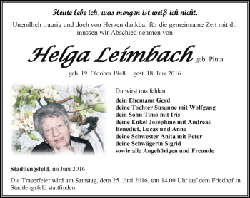 Traueranzeige von Helga Leimbach von Südthüringer Presse