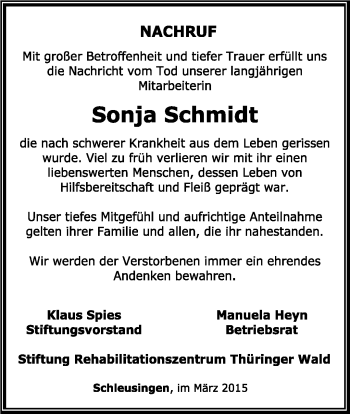 Traueranzeige von Sonja Schmidt von Südthüringer Presse