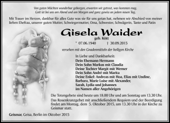 Traueranzeige von Gisela Waider von Südthüringer Presse