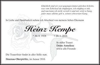 Traueranzeige von Heinz Kempe von Südthüringer Presse