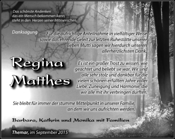 Traueranzeige von Regina Matthes von Südthüringer Presse