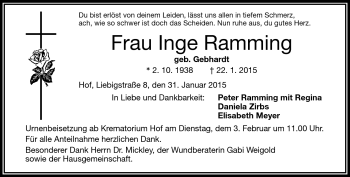Traueranzeige von Inge Ramming von Frankenpost
