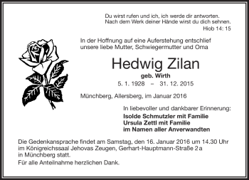 Traueranzeige von Hedwig Zilan von Frankenpost