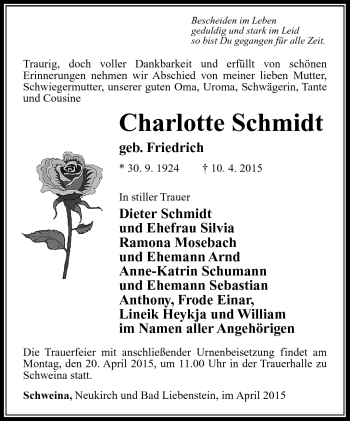 Traueranzeige von Charlotte Schmidt von Südthüringer Presse