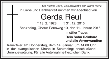 Traueranzeige von Gerda Reul von Frankenpost