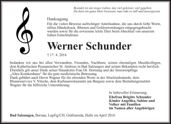 Traueranzeige von Werner Schunder von Südthüringer Presse
