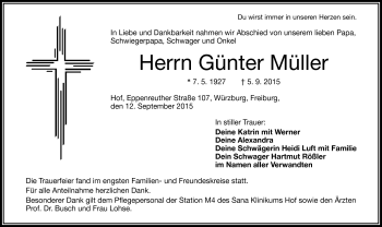 Traueranzeige von Günter Müller von Frankenpost