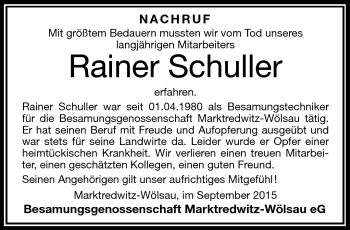 Traueranzeige von Rainer Schuller von Frankenpost