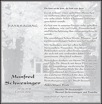 Traueranzeige von Manfred Schwesinger von Südthüringer Presse
