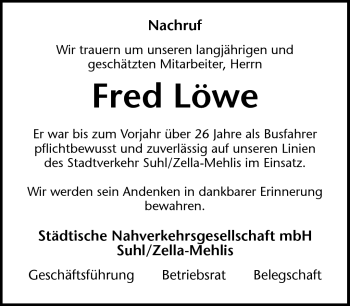 Traueranzeige von Fred Löwe von Südthüringer Presse