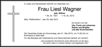 Traueranzeige von Liesl Wagner von Frankenpost