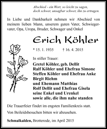Traueranzeige von Erich Köhler von Südthüringer Presse