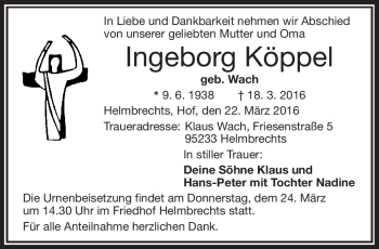 Traueranzeige von Ingeborg Köppel von Frankenpost