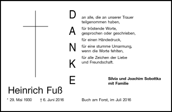 Traueranzeige von Heinrich Fuß von Neue Presse Coburg