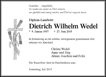 Traueranzeige von Dietrich Wilhelm Wedel von Südthüringer Presse