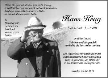 Traueranzeige von Hans Wilhelm Krug von Südthüringer Presse